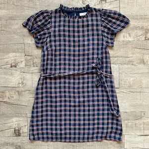 LOFT Blue Red Tartan Plaid Tie Ruffle Neck Preppy Academia Office Mini Dress XS